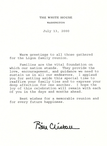 White House Recognition Letter from President Bill Clinton 2000