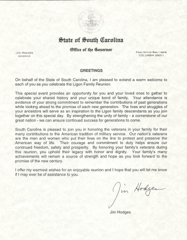 Recognition Letter from South Carolina Governor Jim Hodges - July 2000