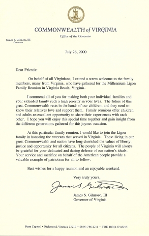 Recognition Letter from Virginia Governor James S. Gilmore III - July 2000