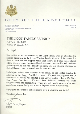 Recognition Letter from Philadelphia, PA Mayor John Street - July 2000