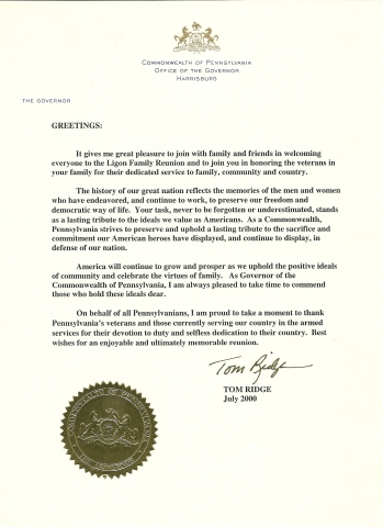 Recognition Letter from PA Governor Tom Ridge July 2000